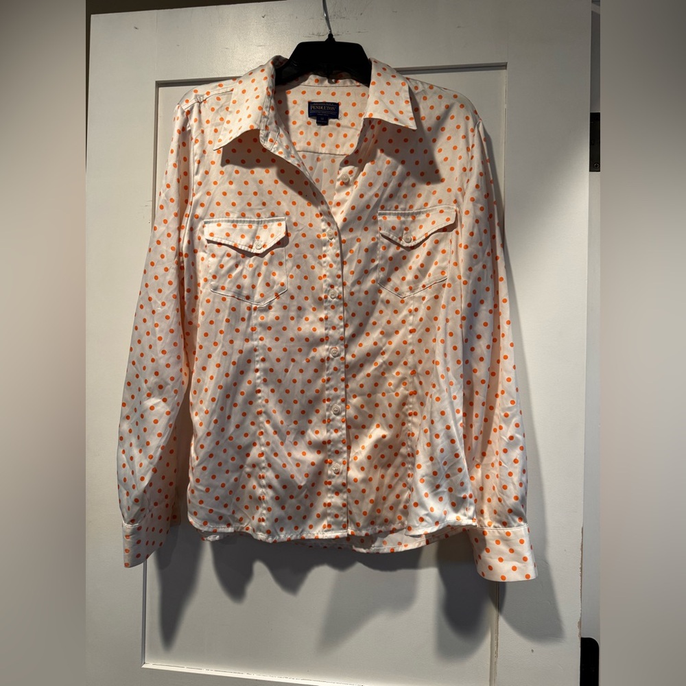 Pendleton White and Orange Polka Dot Shirt size 14